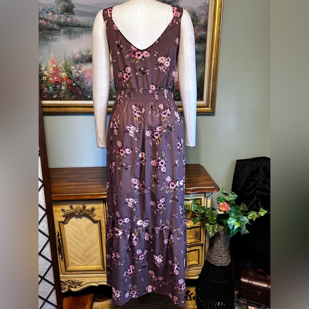 Lauren Conrad Long Pink Plum Purple Floral Chiffon Ruffle Sleeveless Maxi  Dress - Picture 8 of 9